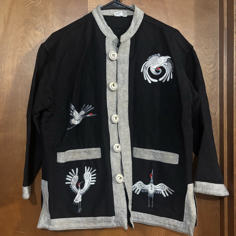 Venus Imports Black Asian jacket with Embroidered Cranes